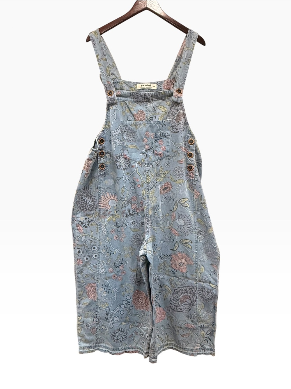 Three Bird Nest Floral Print Light Blue Denim Overalls